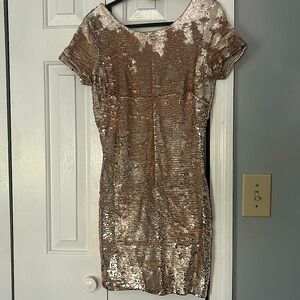 Perfect gold sequin, short sleeve holiday mini- dress!